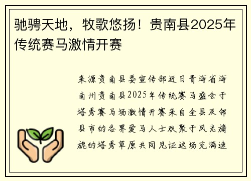 驰骋天地，牧歌悠扬！贵南县2025年传统赛⻢激情开赛